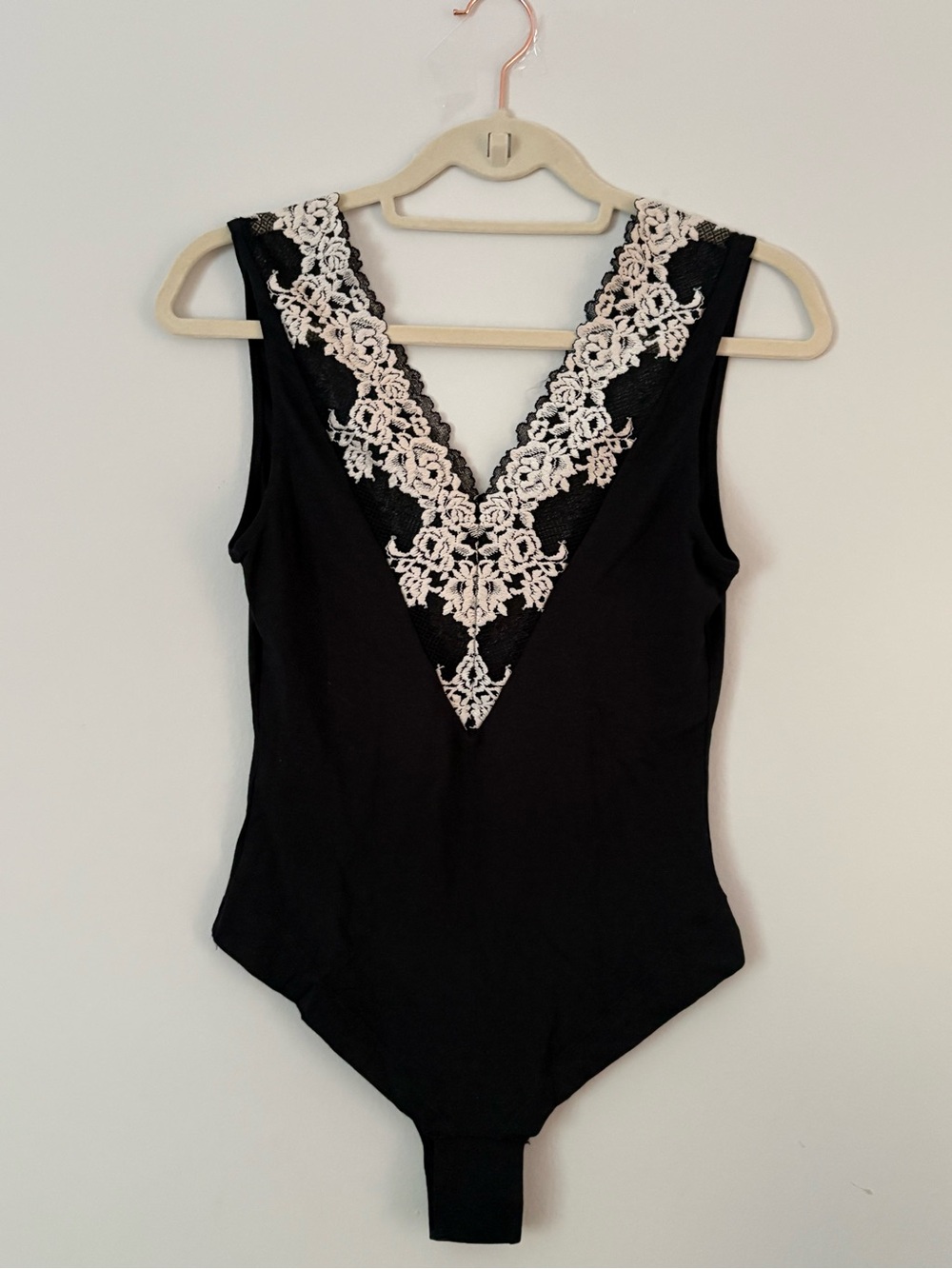 intimissimi Black Bodysuit with Cream Lace V-Neck